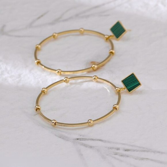 14K Gold Plated Brass Green Malachite Earrings - Picture 9 of 12